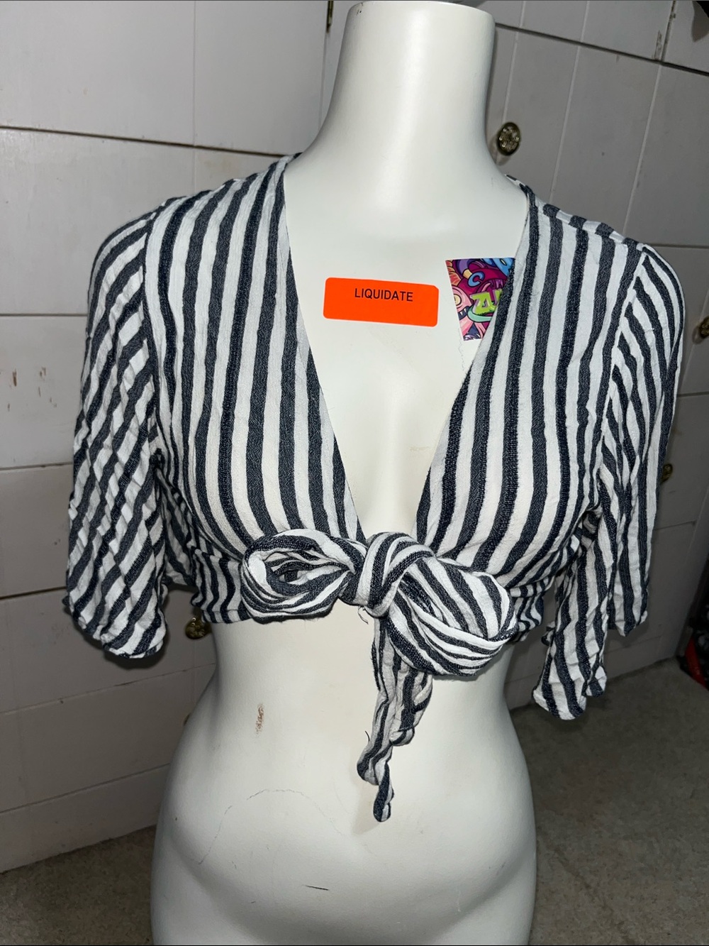 American Eagle Outfitters Black & White Vertical Stripe Tie-Front Crop Top